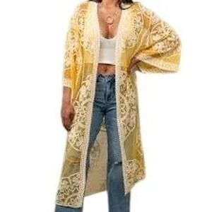 Woven Heart Yellow Floral Lace Long Kimono One Size Boho Cottagecore